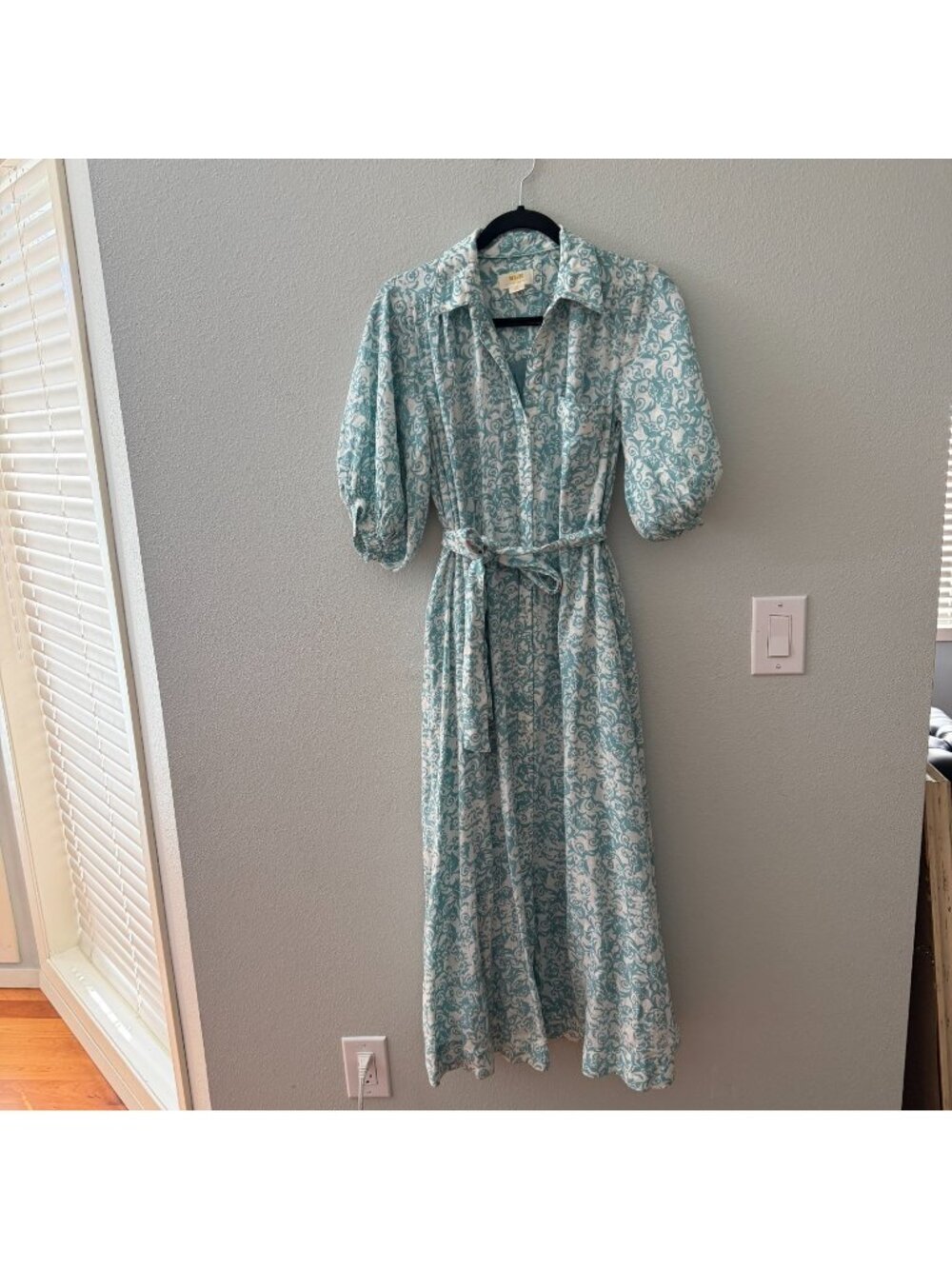 Maeve Mona Linen Maxi Shirt Dress XXS Petite Blue White Belted Puff Sleeve Boho